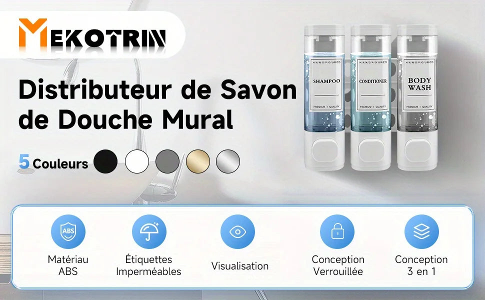 Wall-mounted Soap Dispenser, Shower Gel Dispenser, 3-in-1 Shampoo and Conditioner Dispenser, No Drilling Required, ABS Material,