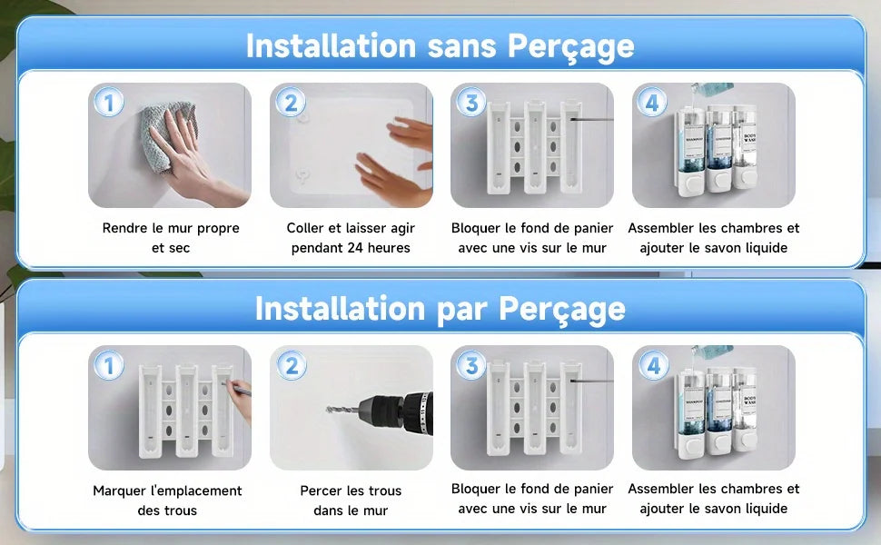 Wall-mounted Soap Dispenser, Shower Gel Dispenser, 3-in-1 Shampoo and Conditioner Dispenser, No Drilling Required, ABS Material,