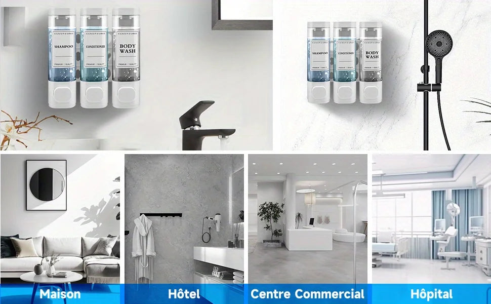 Wall-mounted Soap Dispenser, Shower Gel Dispenser, 3-in-1 Shampoo and Conditioner Dispenser, No Drilling Required, ABS Material,